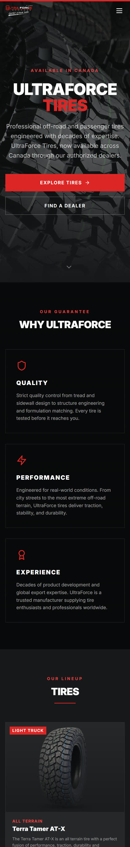 The Ultraforce Tires website on a phone
